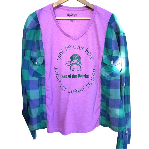 Upcycled Tee, Flannel Sleeves, Size M-L: Lake of the Ozarks Boating Graphic Top - Picture 1 of 8